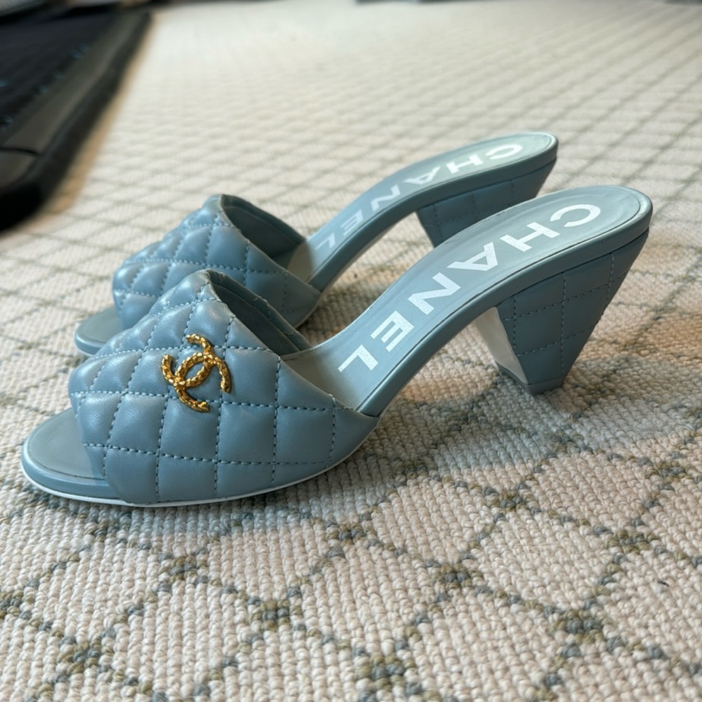 Chanel blue lamb leather quilted CC Logo Cone Heel Mule Slide, Size 37.